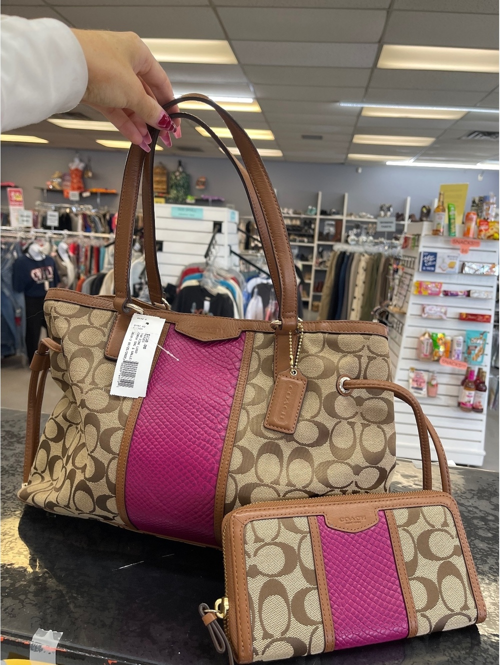 Coach Signature Canvas Tote Bag and Wallet Set with Pink Accent